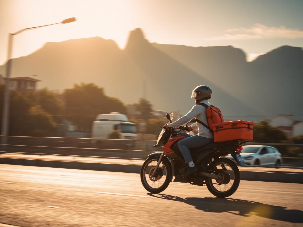 Motorcycle courier delivering a parcel on a Cape Town street